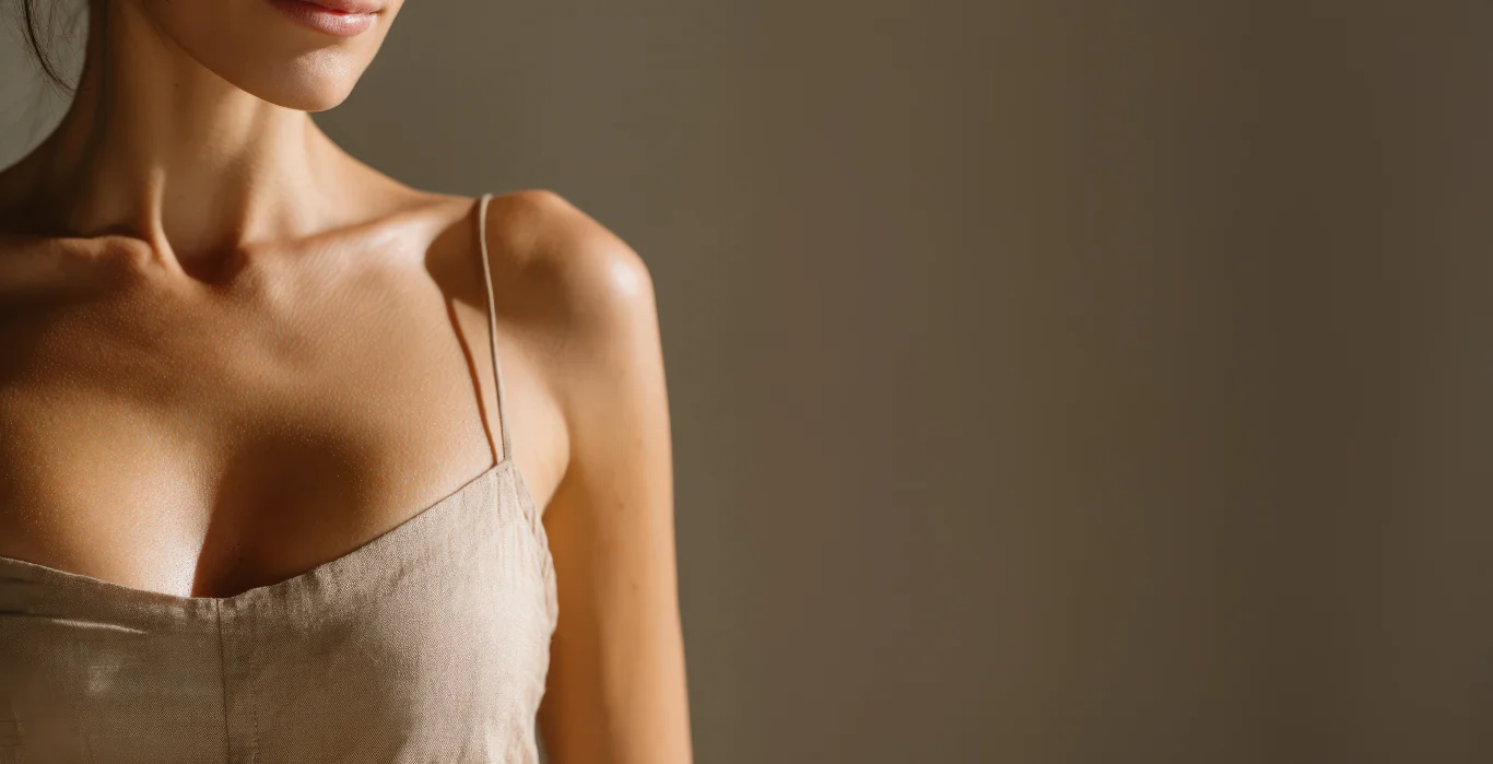 sunlit portrait of woman in camisole showing elegant natural neckline after silicone breast implants